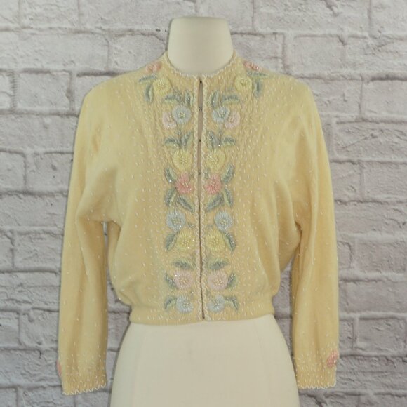 Vintage 40s Lambswool Angora Hand Beaded Cardigan Sweater